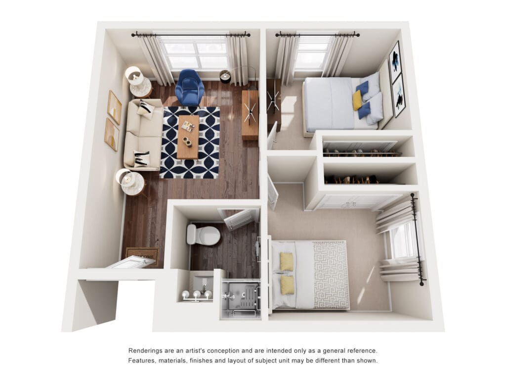 Stylish, well-appointed senior apartment layout featuring a living area, bedroom, and modern amenities with abundant natural light.