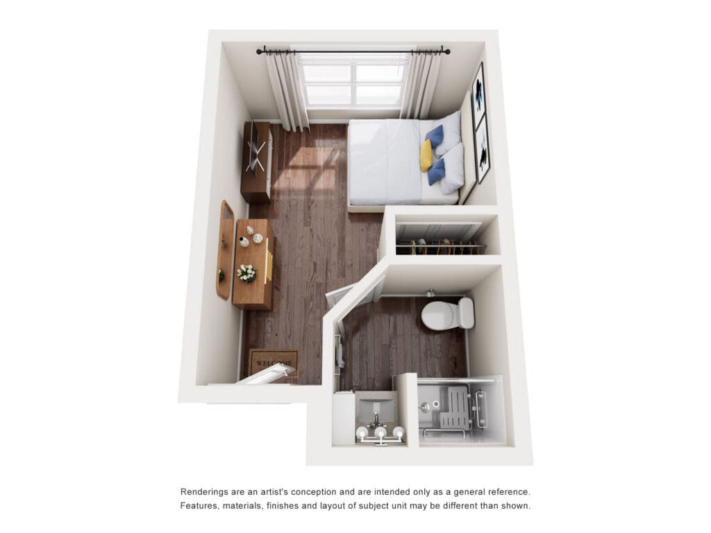 Cozy studio apartment layout featuring a bed, dresser, bathroom, and natural light for a welcoming atmosphere.