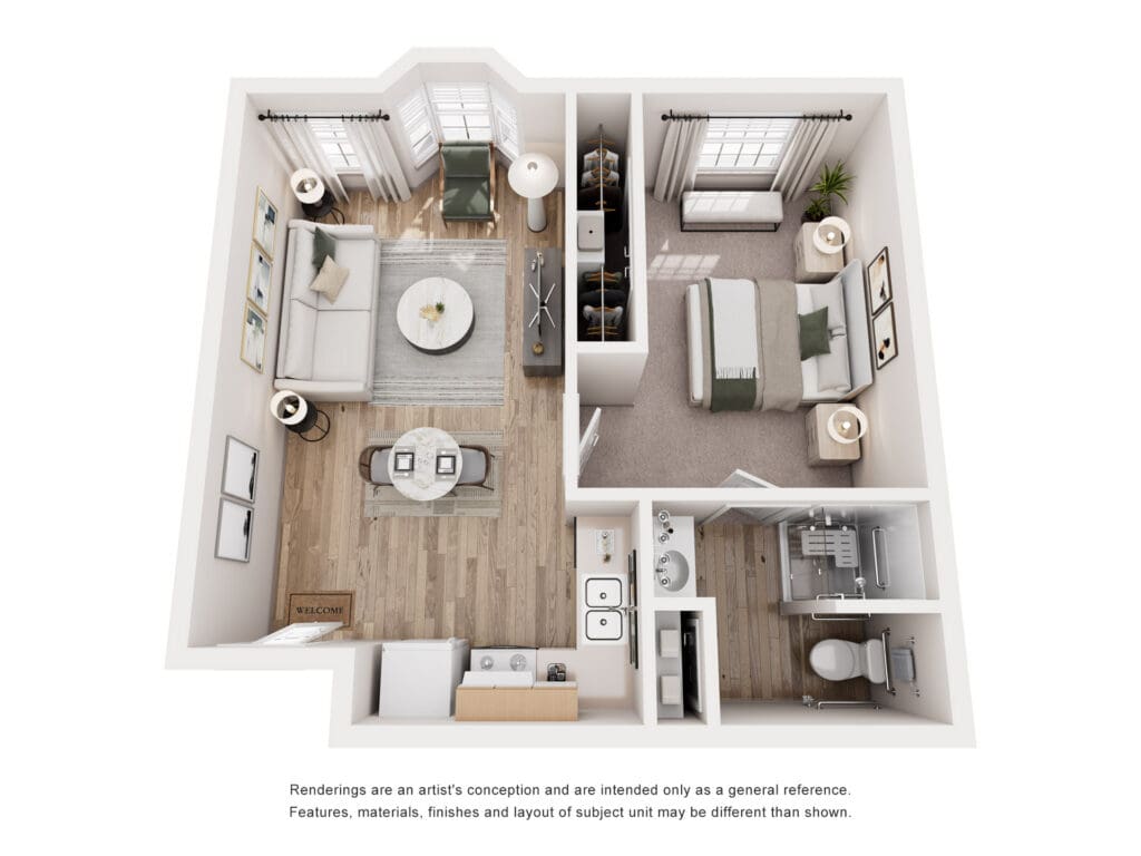 Stylish senior living apartment layout featuring a cozy living area, bedroom, and modern bathroom amenities.
