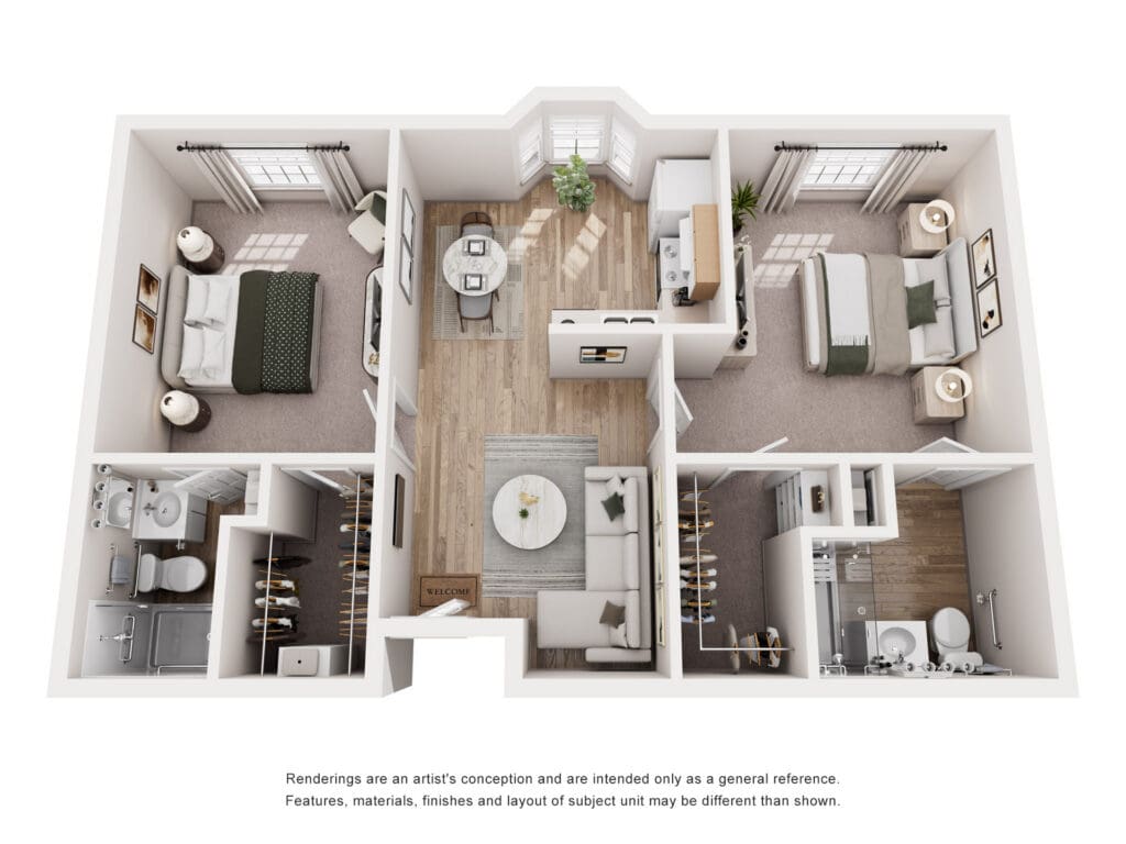 Spacious senior living floor plan featuring two bedrooms, a welcoming living area, and upscale amenities throughout.