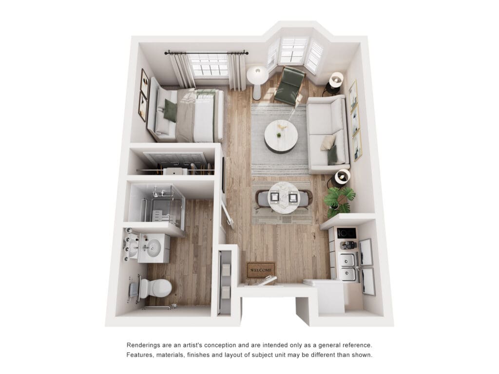 Stylish apartment layout featuring a cozy living area, modern kitchen, and inviting bedroom, designed for vibrant senior living.