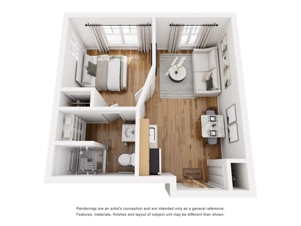 Spacious senior living layout featuring cozy bedroom, inviting living area, and elegant amenities for a vibrant lifestyle.