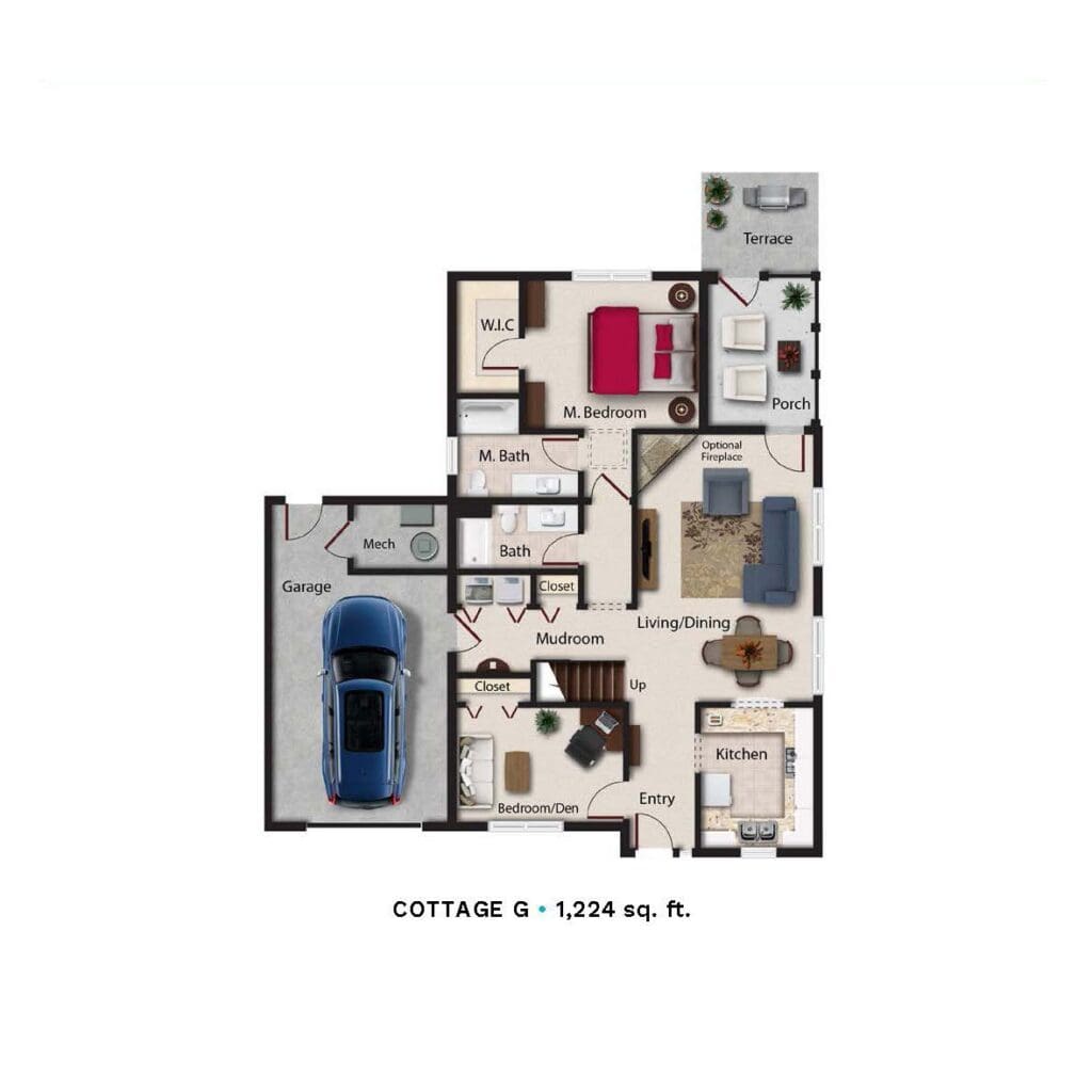 Cottage floor plan G featuring garage, kitchen, living room, and two bedrooms in 1,224 sq. ft. layout.