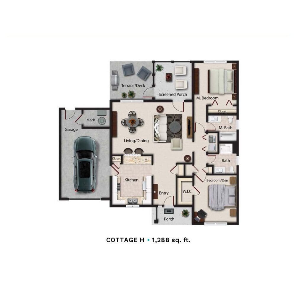 Cottage floor plan with garage, two bedrooms, kitchen, and living area in 1,288 sq. ft. layout.