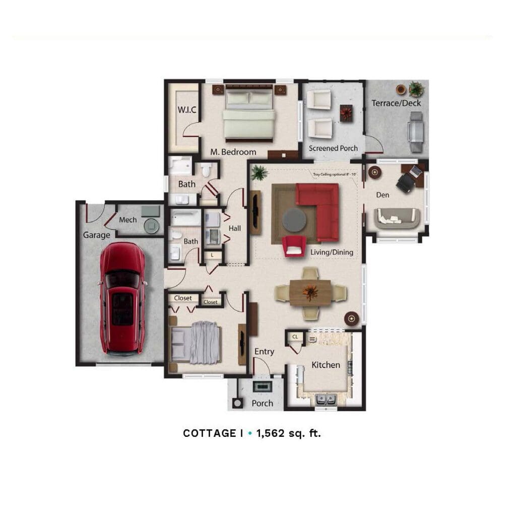 Floor plan of a 1,562 sq. ft. cottage featuring two bedrooms, living areas, kitchen, and garage.