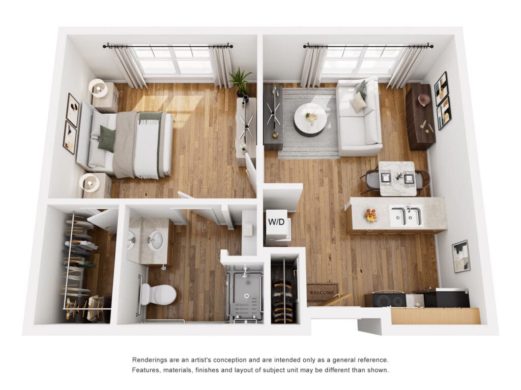 Stylish one-bedroom senior living apartment featuring a cozy living area, modern kitchen, and elegant décor.