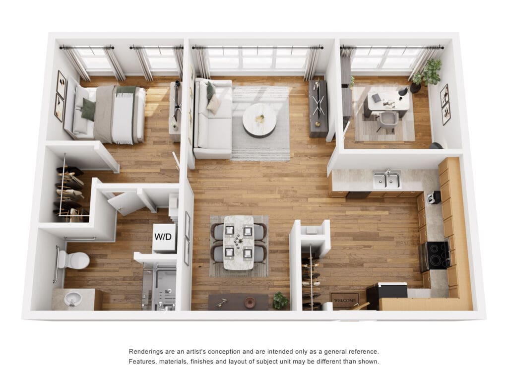 Elegant one-bedroom apartment layout showcasing modern amenities, spacious living area, and bright, inviting natural light.