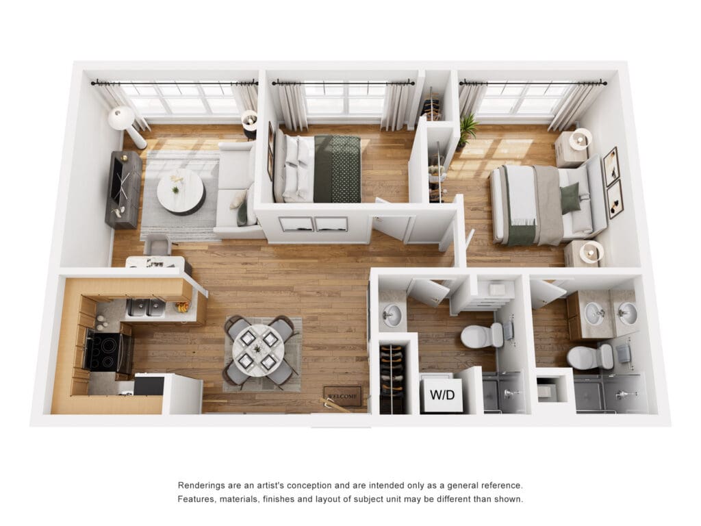 Spacious, modern apartment layout featuring a living area, kitchen, bedroom, and two bathrooms with upscale finishes.