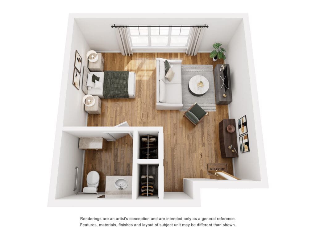 Stylish studio layout featuring a cozy bedroom, inviting living area, and modern amenities for vibrant senior living.