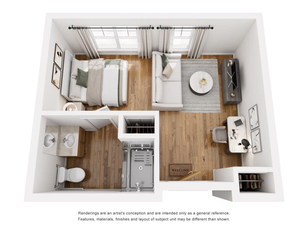Bright and inviting layout of a stylish senior living apartment featuring a cozy bedroom, living area, and well-equipped bathroom.