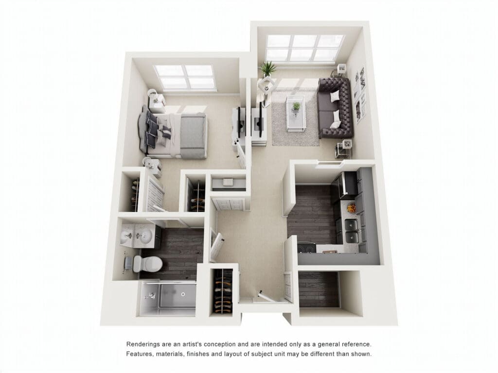 Spacious senior living apartment layout featuring a cozy bedroom, modern kitchen, and comfortable living area with ample natural light.