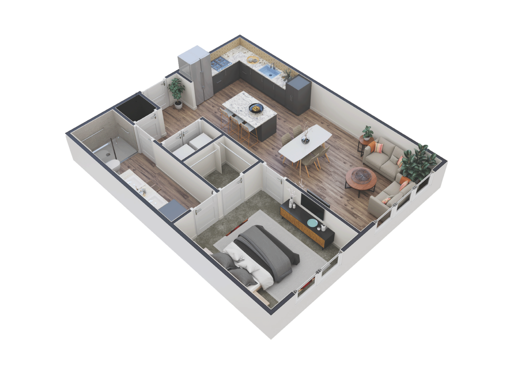 Elegant one-bedroom apartment layout featuring a modern kitchen, living area, and inviting bedroom, showcasing upscale design.