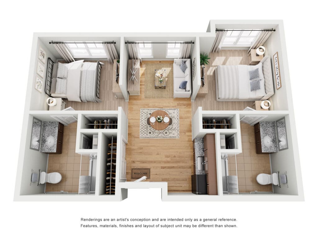 Stylish two-bedroom senior living unit featuring modern amenities, cozy living spaces, and elegant furnishings.