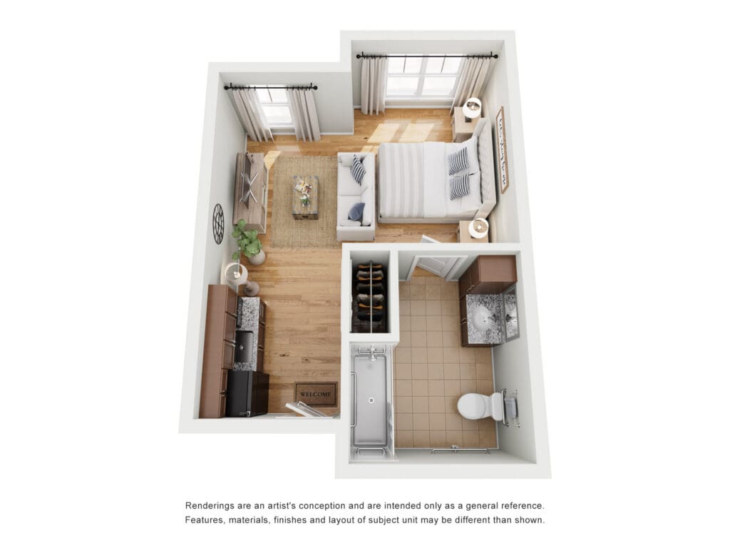 Stylish floor plan showcasing an upscale studio apartment with a cozy living area, bedroom, and elegant bathroom.