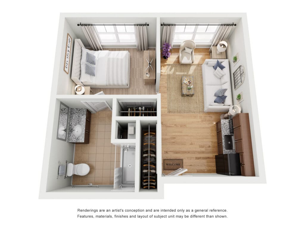 Stylish 1-bedroom senior living layout featuring a cozy living room, modern kitchen, and elegant bathroom.