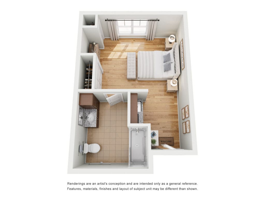 Stylish studio apartment layout featuring cozy bedroom, well-appointed bathroom, and inviting living space with natural light.
