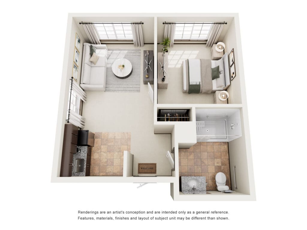 Stylish, modern senior living apartment layout showcasing a cozy living area, elegant bedroom, and accessible bathroom.