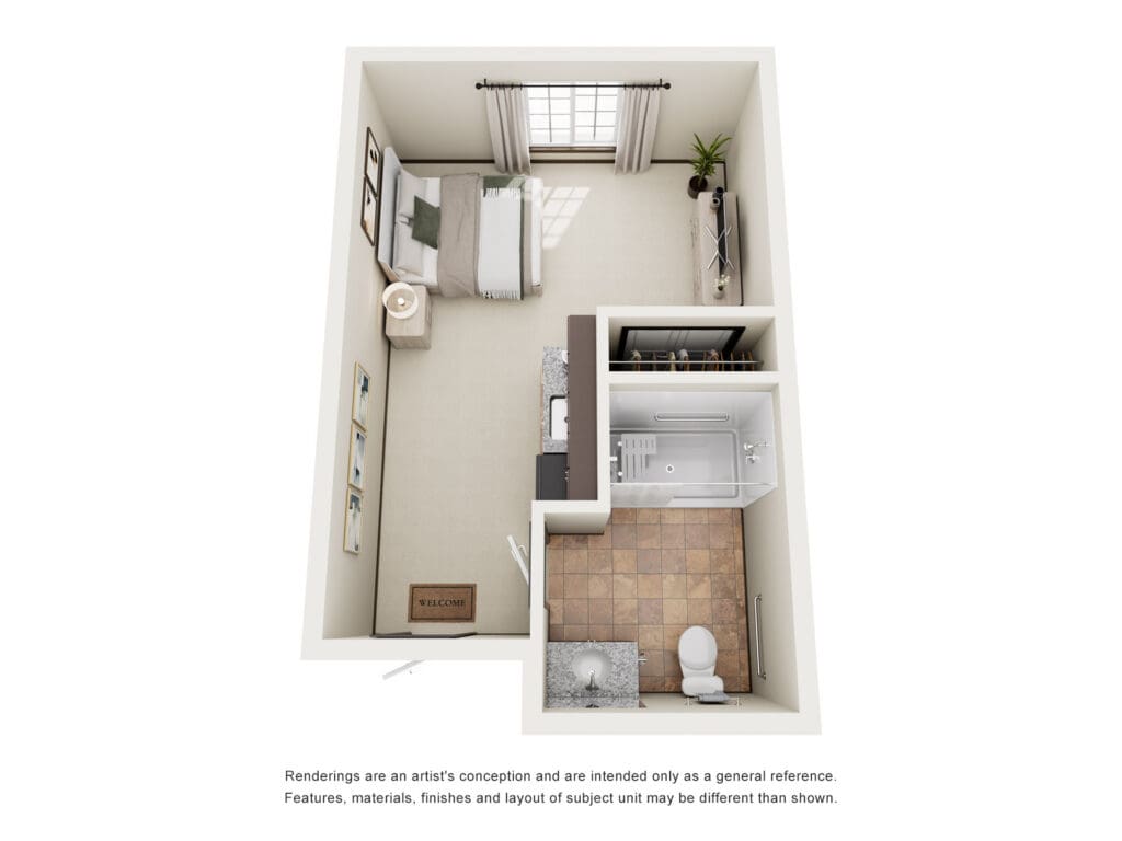 Stylish senior living unit featuring a cozy bedroom, modern bathroom, and inviting living area with upscale finishes.