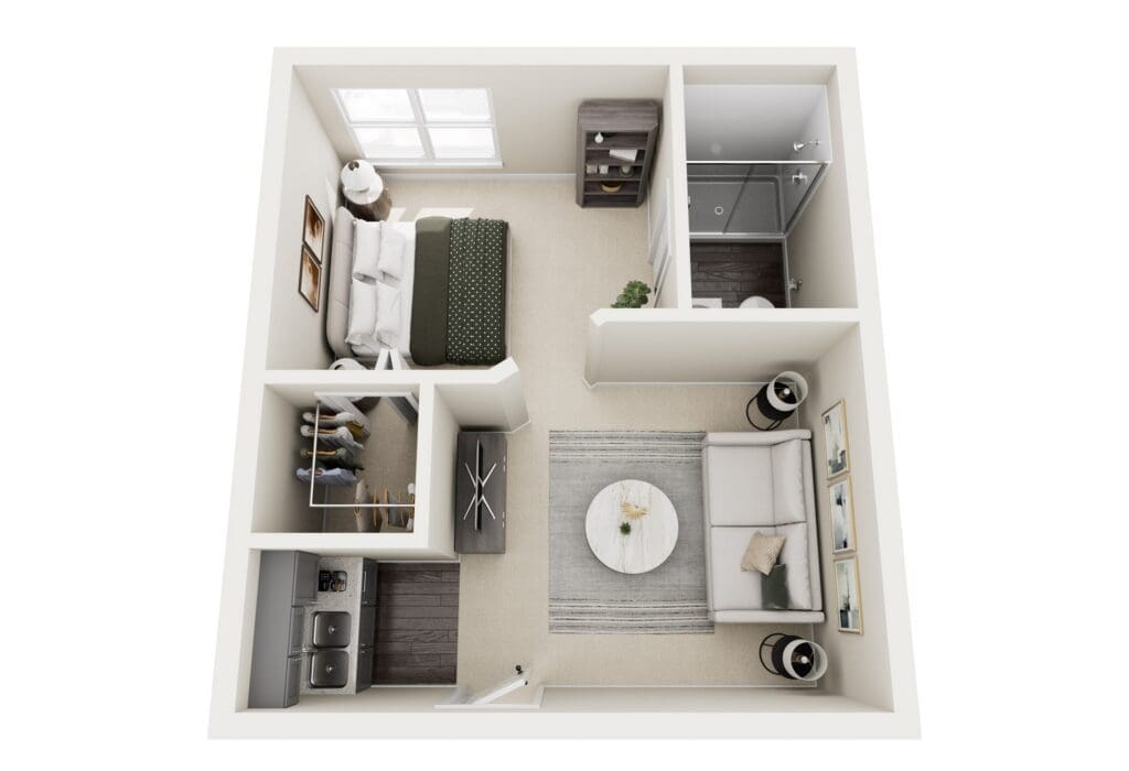 Stylish floor plan showcasing a cozy living area, modern kitchen, elegant bedroom, and accessible bathroom.