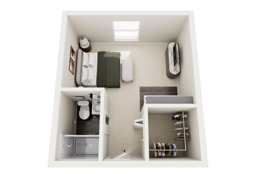 Spacious, elegantly designed senior living unit featuring a cozy bedroom, modern bathroom, and ample closet space.