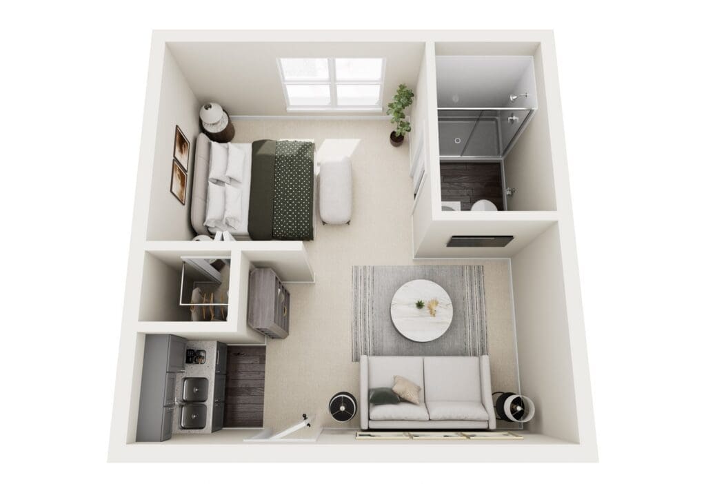Charming studio apartment layout featuring a cozy bedroom, stylish living area, and modern kitchenette in an upscale setting.