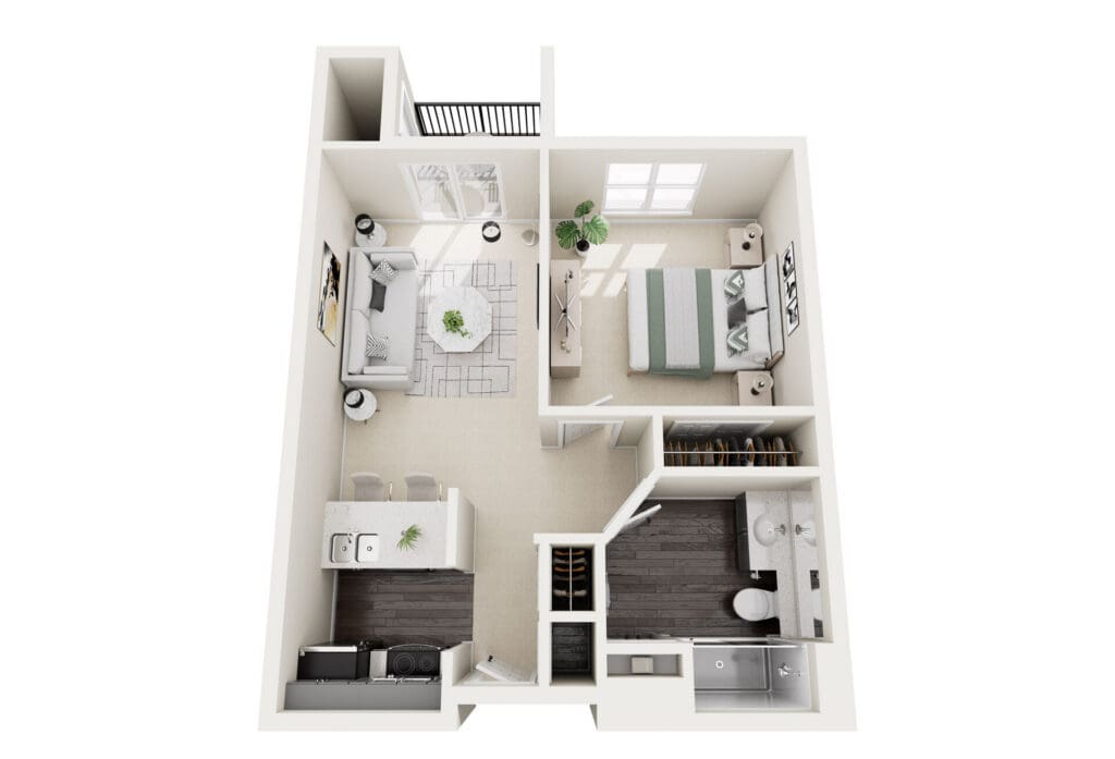 Spacious, elegant floor plan featuring a living area, kitchen, bedroom, and bathroom, designed for comfort and vibrant living.