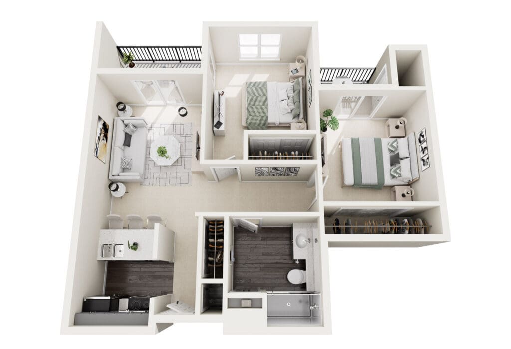 Spacious, modern two-bedroom apartment layout featuring stylish living area, kitchen, and elegant decor throughout.