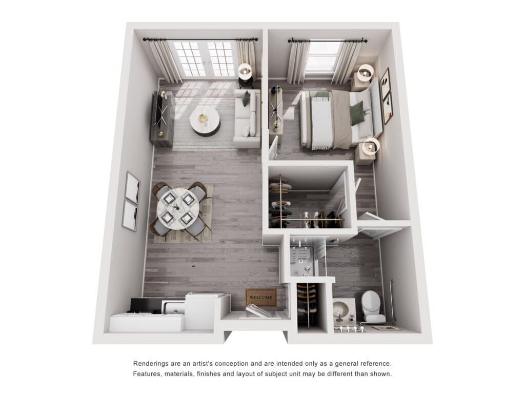 Elegant one-bedroom apartment layout featuring a cozy living area, dining space, well-equipped kitchen, and stylish bedroom.