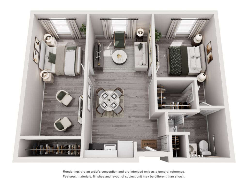 Stylish, spacious senior living apartment layout featuring two bedrooms, open living area, and modern amenities.