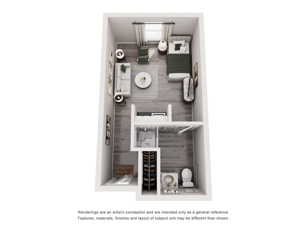 Stylish studio apartment layout featuring a cozy living area, bedroom, and modern bathroom with upscale finishes.