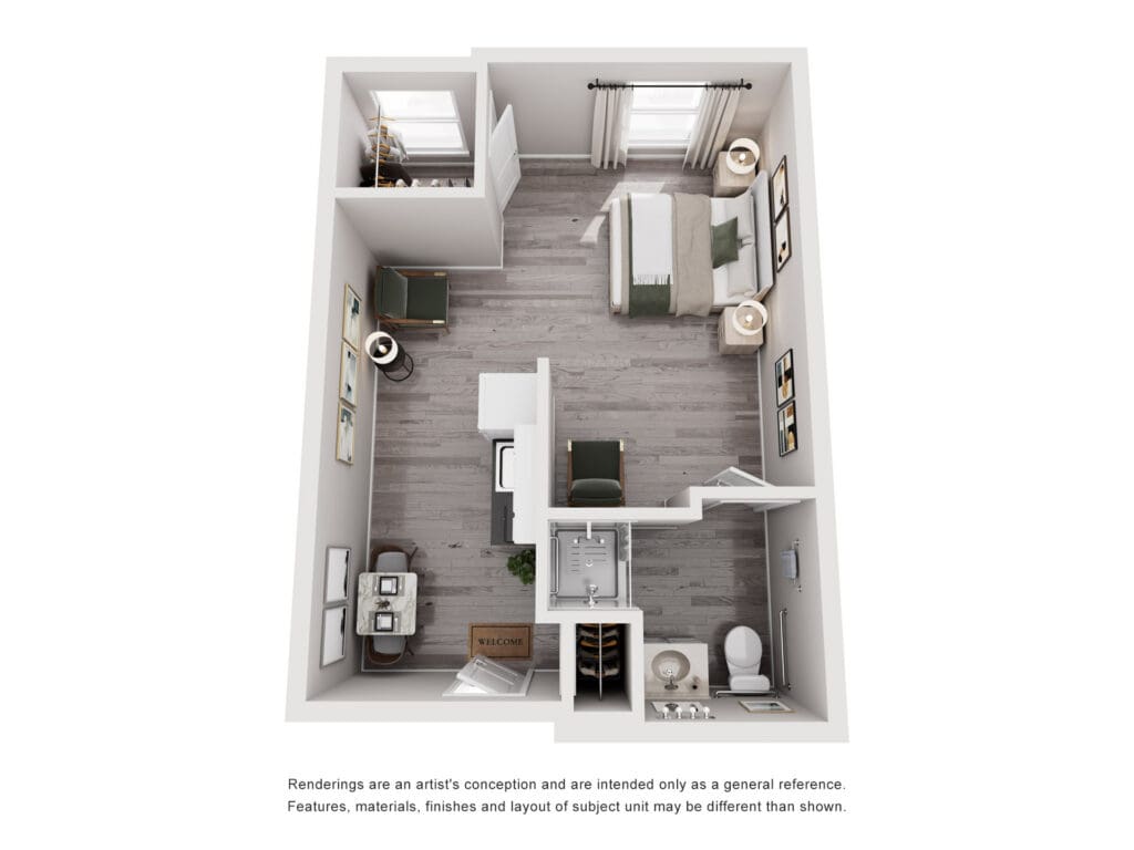 Spacious, inviting studio apartment layout featuring stylish furnishings, cozy living area, and modern amenities.