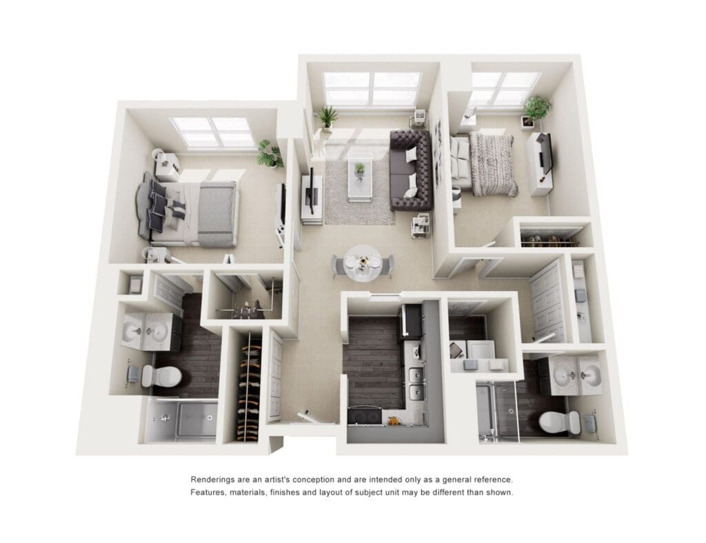 Isometric floor plan of a two-bedroom apartment showing living room, dining area, kitchen, and two bedrooms with beds and wardrobes.
