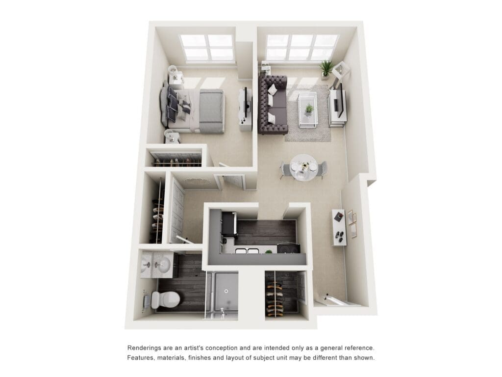 Spacious apartment layout featuring a living area, bedroom, dining space, and modern amenities for a vibrant lifestyle.