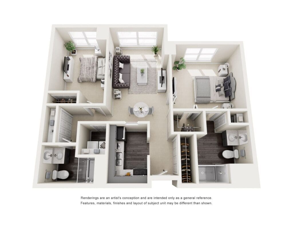 Spacious, elegantly designed senior living unit with well-appointed amenities, including a cozy living area and modern kitchen.