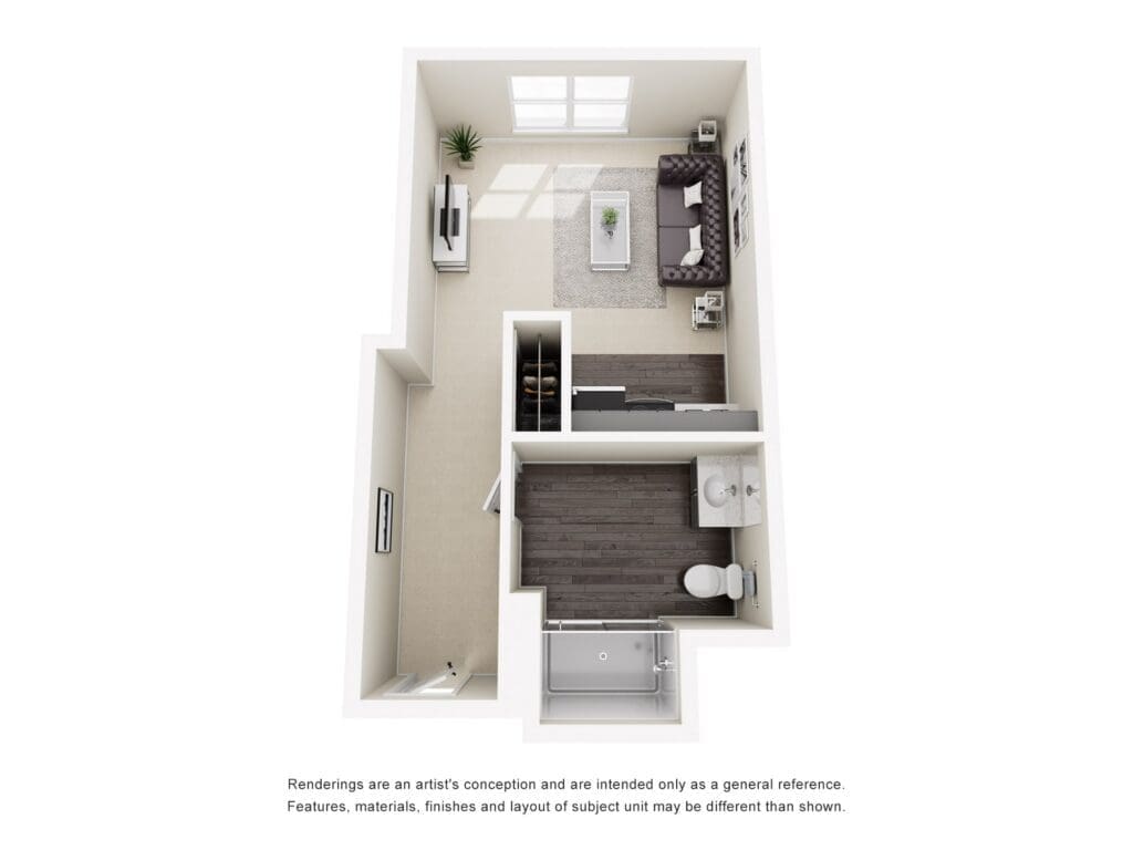 Spacious studio layout featuring a stylish living area, kitchen, and modern bathroom, designed for comfort and convenience.