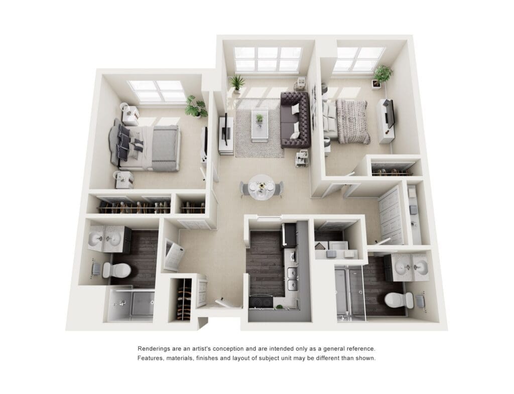 Spacious, modern two-bedroom apartment layout showcasing upscale amenities and inviting living areas.