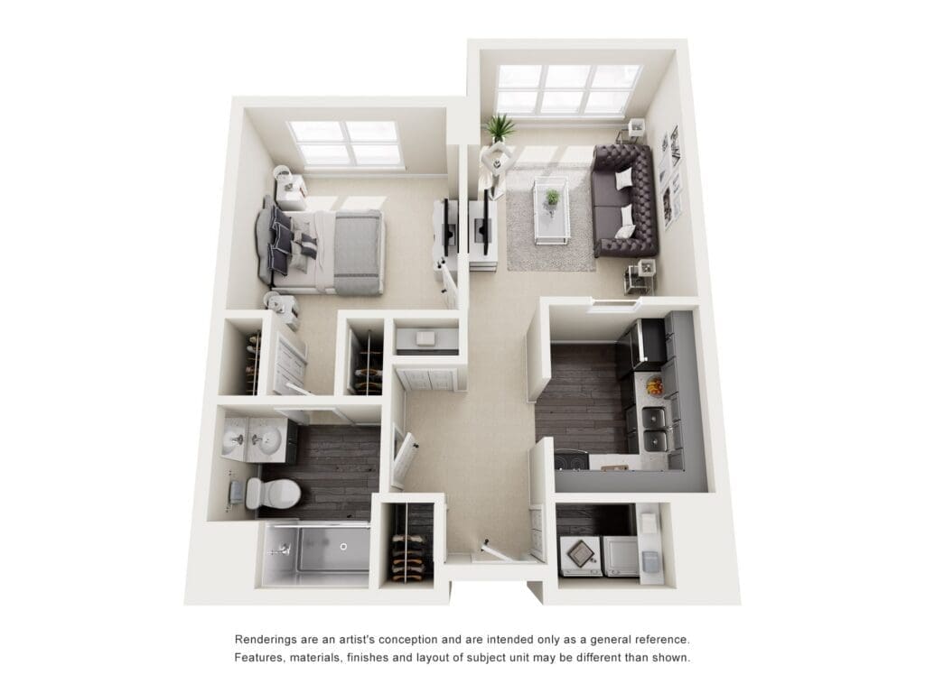 Spacious floor plan featuring a cozy living area, well-equipped kitchen, and inviting bedroom in a senior living community.