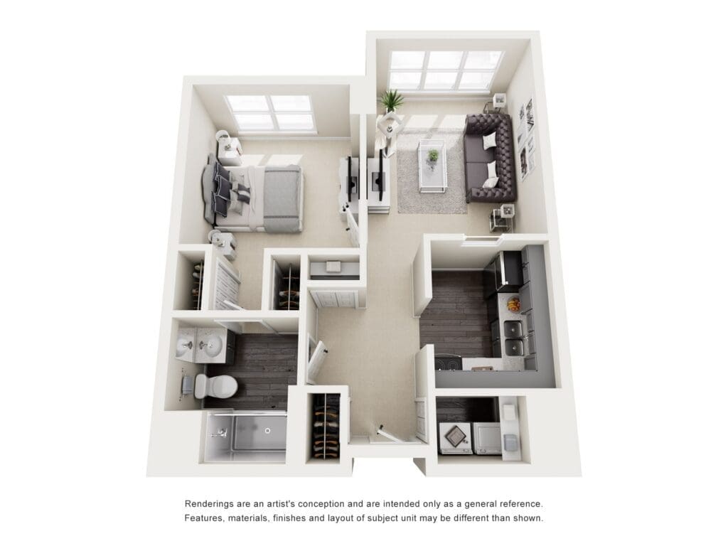 Spacious floor plan featuring an elegant living area, cozy bedroom, and modern kitchen with upscale finishes.