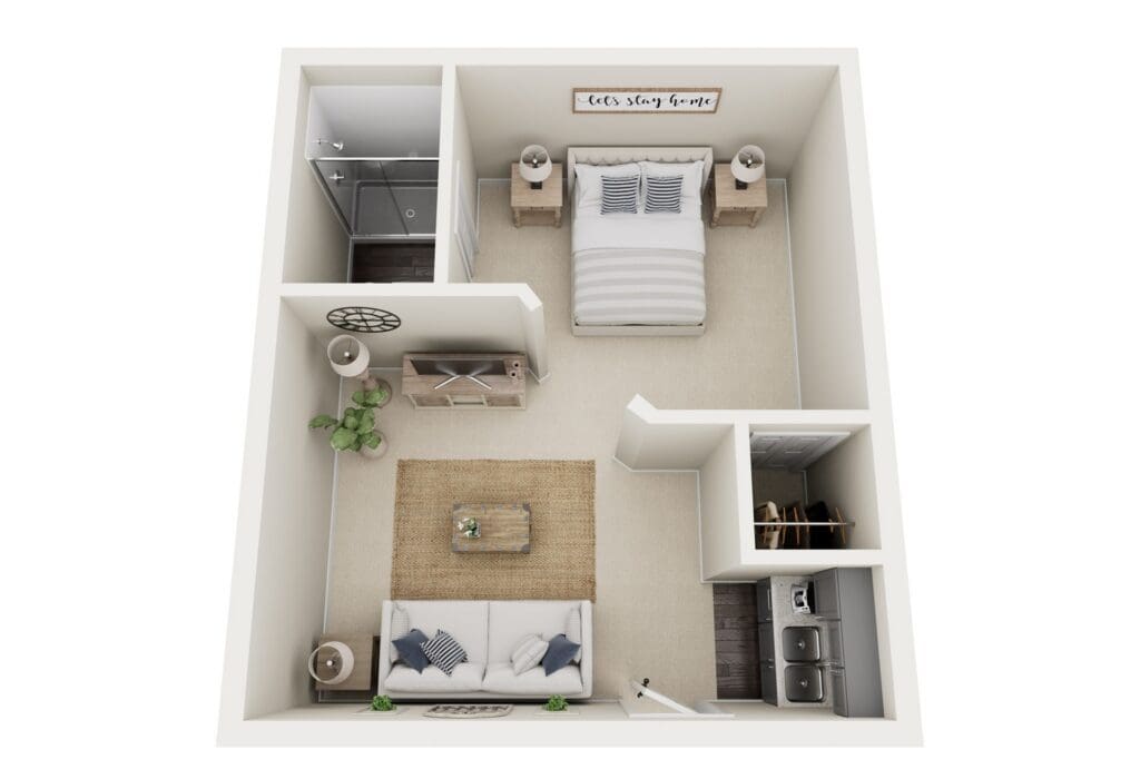 Spacious, elegantly designed one-bedroom layout featuring a cozy living area, modern amenities, and stylish decor.