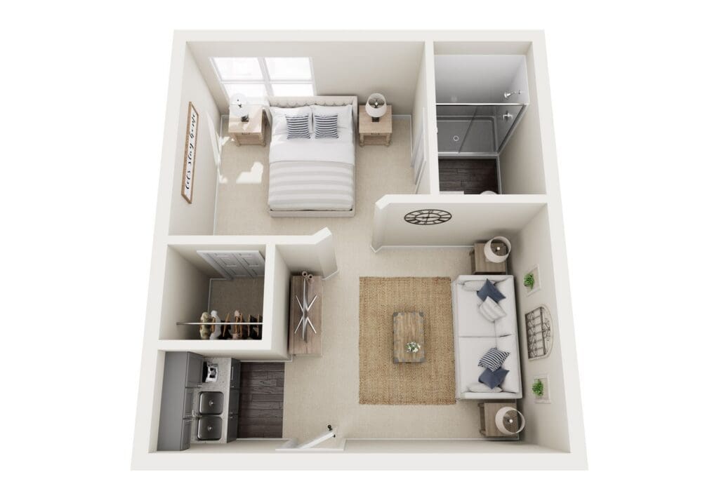 Spacious senior living apartment featuring a cozy bedroom, living area, and modern kitchenette with upscale furnishings.