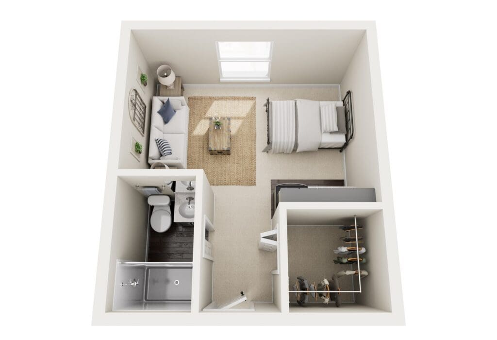 Spacious, inviting studio layout featuring a cozy living area, bedroom with bath, and upscale furnishings.