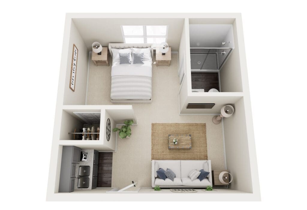 Spacious studio apartment layout with a cozy bedroom, inviting living area, and modern kitchenette, showcasing bright, upscale interiors.