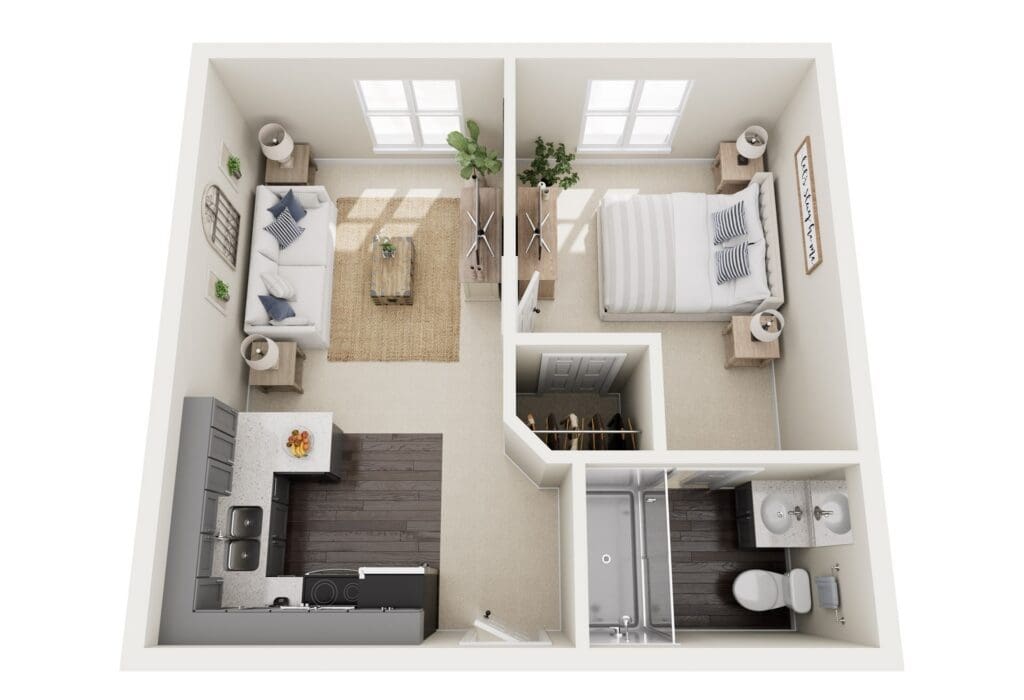 Elegant apartment layout featuring a cozy living area, kitchen, serene bedroom, and well-appointed bathroom.