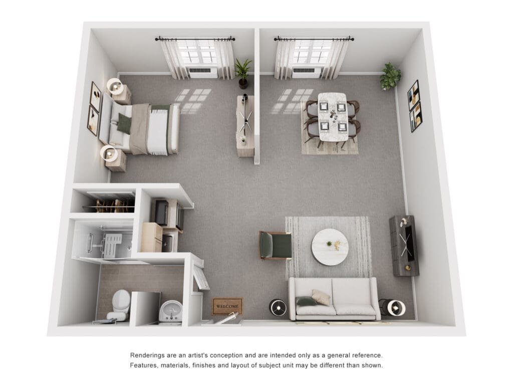 Spacious senior living apartment layout featuring a cozy bedroom, dining area, and bright living space with elegant furnishings.