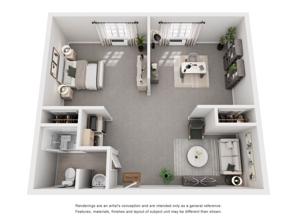 Stylish one-bedroom apartment layout featuring a cozy bedroom, inviting living area, and modern amenities for a vibrant lifestyle.