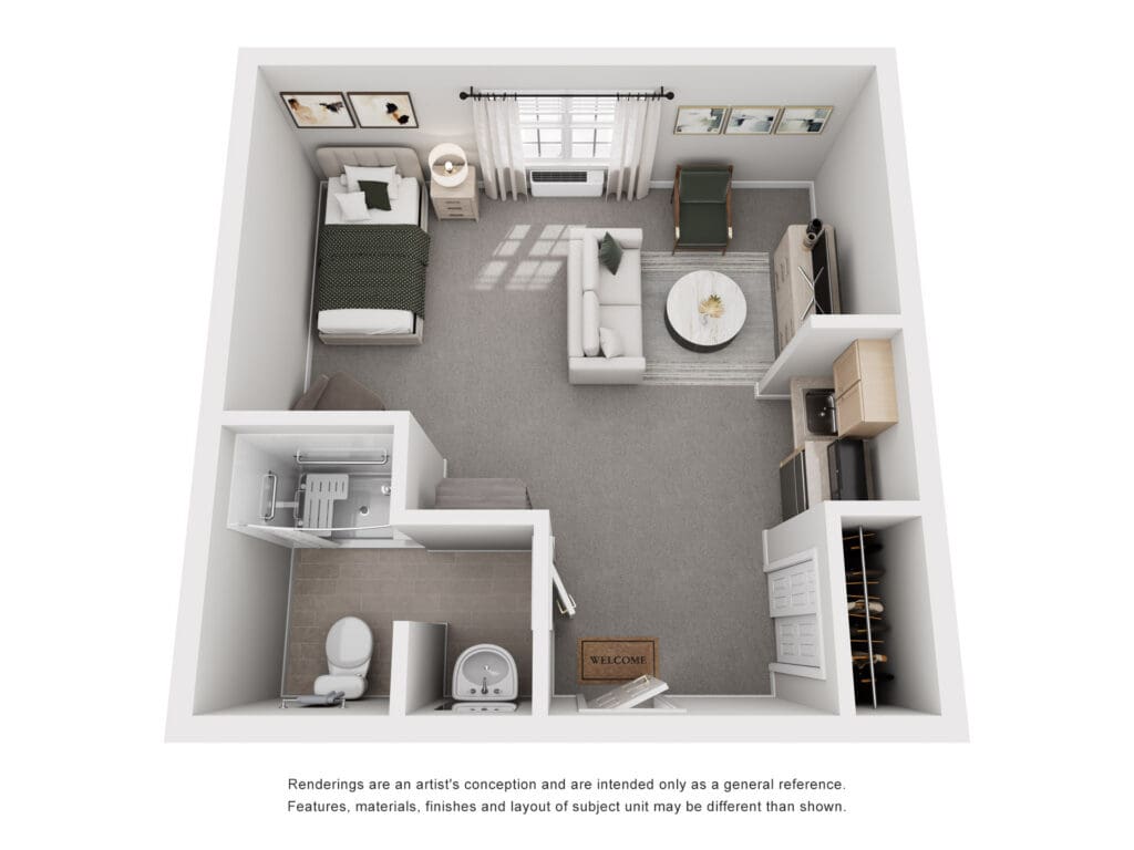 Stylishly designed studio apartment featuring cozy living area, kitchen, and accessible bathroom, promoting vibrant senior living.