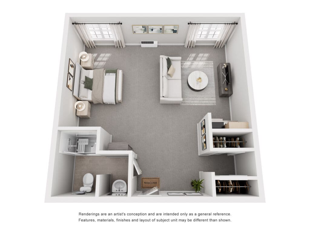 Spacious, elegantly designed apartment layout featuring a bedroom, living area, and accessible bathroom amenities.