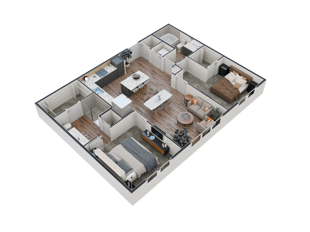 Spacious, upscale apartment layout featuring modern amenities, inviting living areas, and comfortable bedrooms.