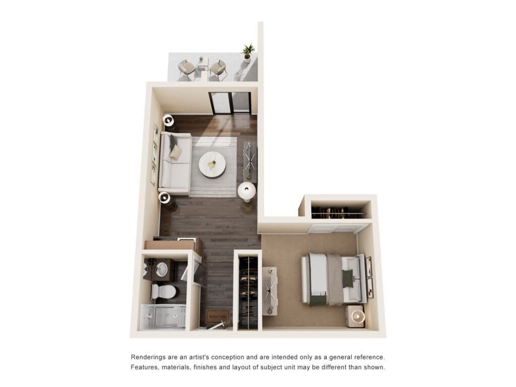 Stylish senior living apartment layout featuring a cozy living area, modern kitchen, and inviting bedroom space.