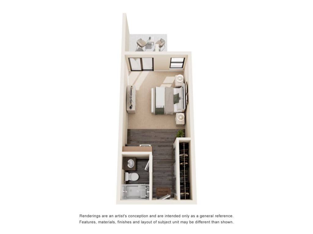 Stylish studio apartment layout featuring a cozy bedroom, modern amenities, and a welcoming ambiance.